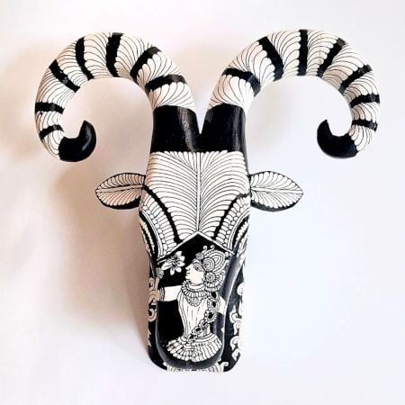Black & White Ram Head Handcrafted Wooden Wall Art